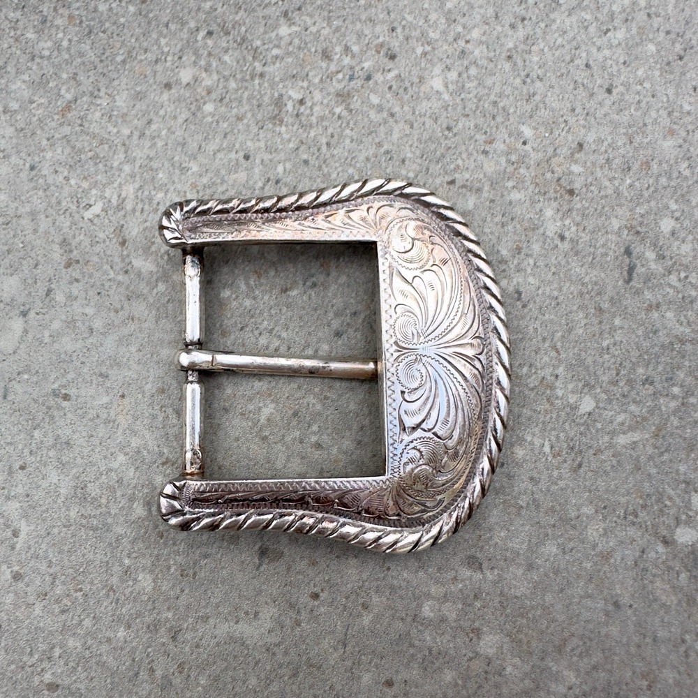 VTG Western Silverplate Belt Buckle‎ Engraved Floral Scroll Cowboy Rope Border